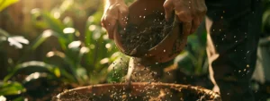 a gardener mixing soil in a large pot plant.