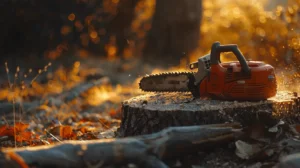 chainsaw on a tree stump in a forest