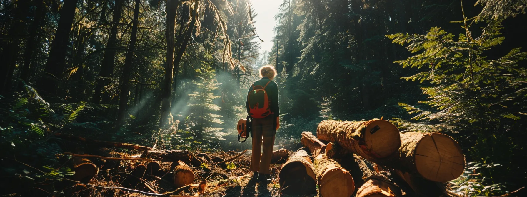 a person stands in a lush forest clearing, confidently holding an electric chainsaw next to a pile of neatly cut logs, showcasing eco-friendly and efficient logging practices.