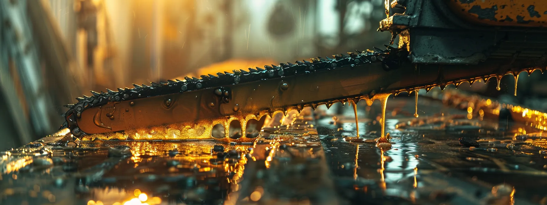 a chainsaw blade dripping with shiny, high-quality oil in a rustic workshop setting.