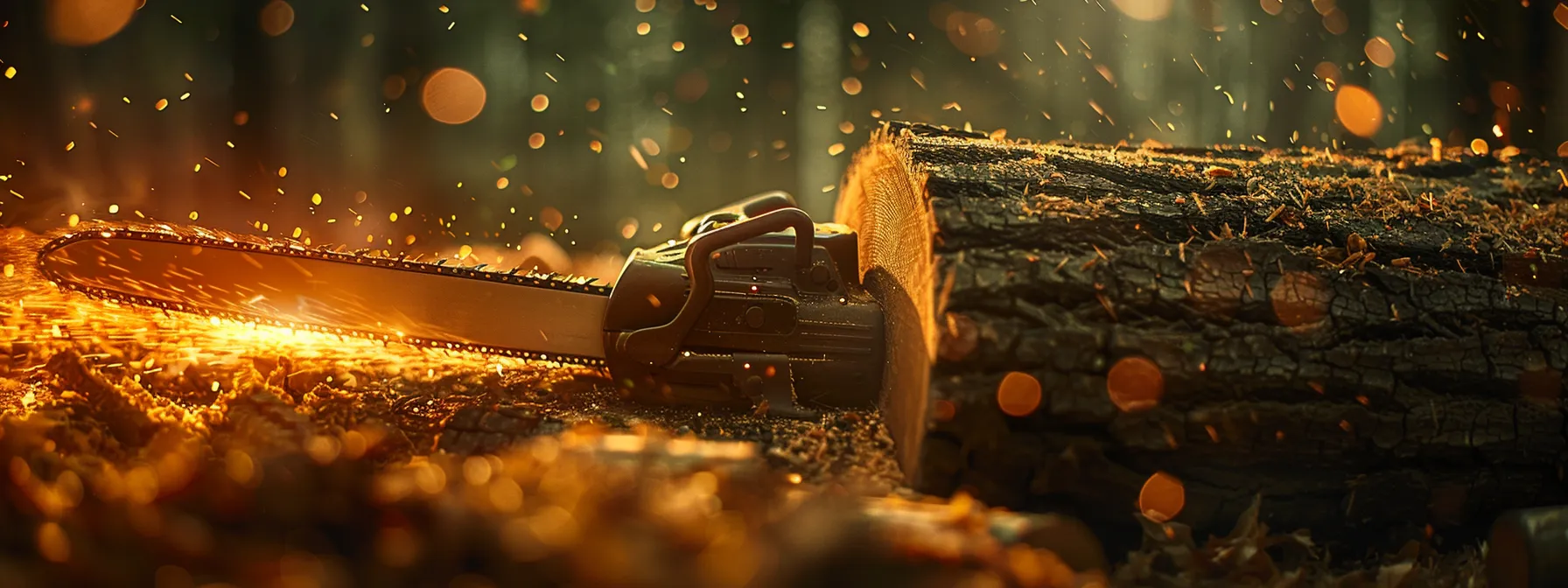 a gas chainsaw slicing effortlessly through a thick, sturdy oak log with minimal exhaust emissions.