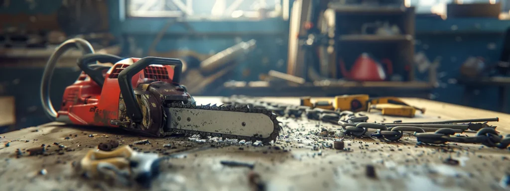 a chainsaw lying on a clean workbench, spark plug wire disconnected and surrounding area cleared of debris, ready for replacement.