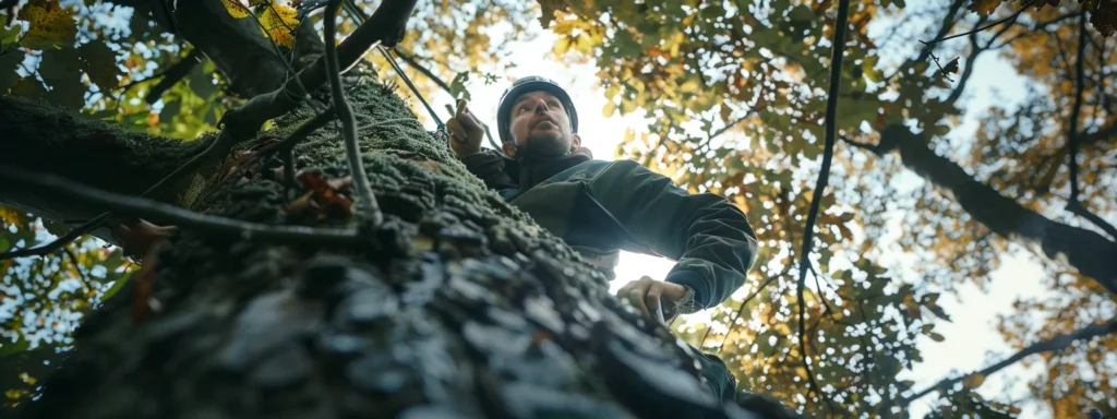 a tree surgeon confidently positions their grip and stance before making a precise notch on an overhead branch.