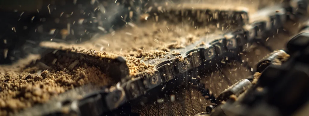 a close-up photo of a dusty, clogged air filter in a chainsaw, highlighting the importance of troubleshooting and maintenance.