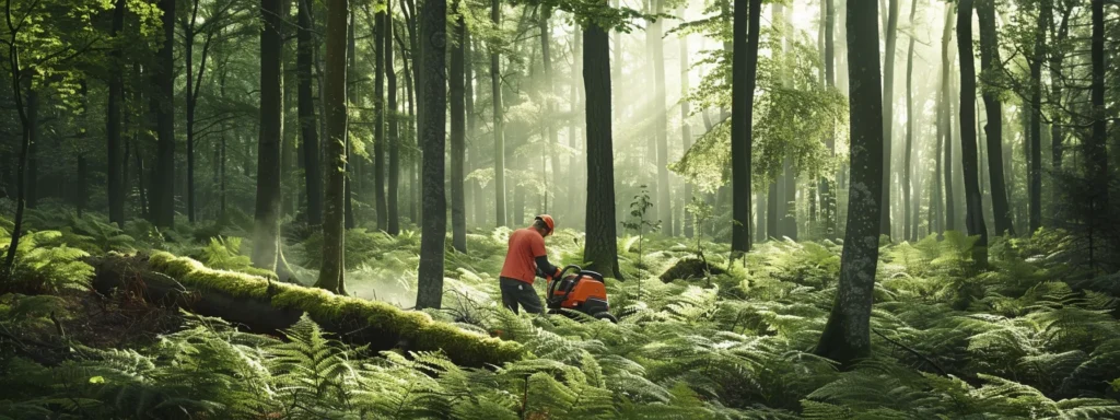 a serene forest scene with a person using an electric chainsaw, surrounded by clean air and minimal noise pollution.