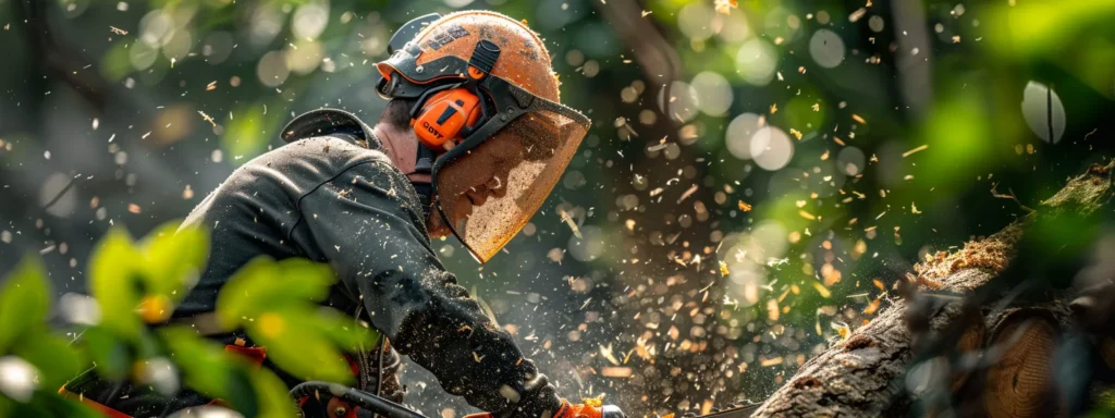 | Comprehensive Guide to Proper Chainsaw Handling and Safety | 1Garden.com a chainsaw operator wearing a sturdy helmet, protective gear, and gloves while focusing on safe felling and limbing tasks.