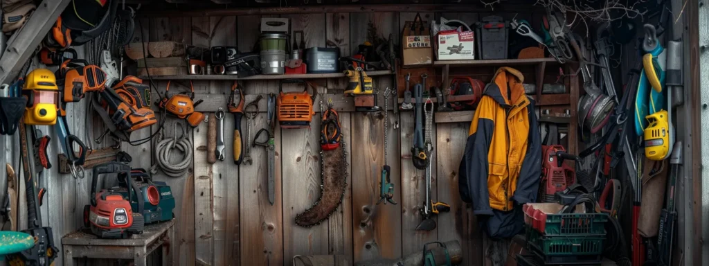 | Comprehensive Chainsaw Maintenance Guide for Enhanced Safety | 1Garden.com a chainsaw neatly stored in a sturdy, weatherproof shed, surrounded by protective gear and hanging tools.