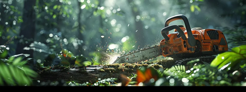 a sleek, powerful electric chainsaw cutting effortlessly through a thick log in a lush, green forest setting.