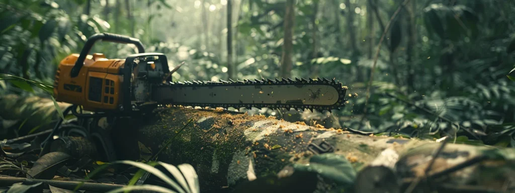 | Choosing the Perfect Chainsaw Size for Your Project Needs | 1Garden.com a large chainsaw with a lengthy bar cutting through a thick tree trunk in a dense forest setting.