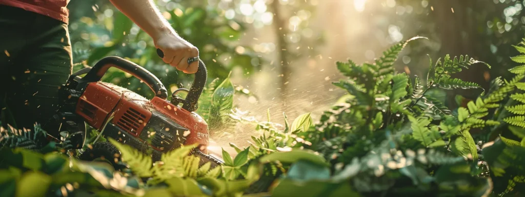 a person confidently using an eco-friendly electric chainsaw surrounded by lush, thriving greenery.