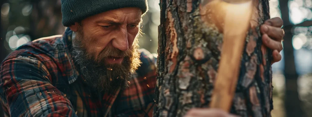 a rugged lumberjack carefully plots the precise angle for a tree to fall, his sharp axe ready at his side.