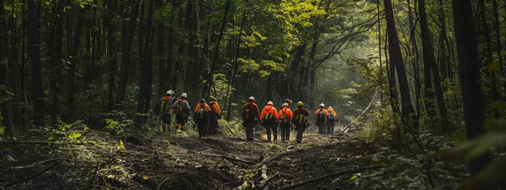| Mastering Safe Tree Felling: Your Essential Guide to Proper Techniques | 1Garden.com a team of workers clearing a wide pathway in the forest, carefully strategizing the direction of the tree fall for a safe felling operation.