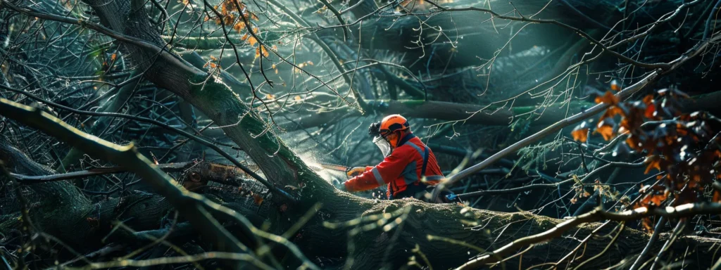 a skilled arborist carefully navigating a fallen tree entangled in power lines, demonstrating safe and strategic chainsaw handling techniques to address special situations and challenges.