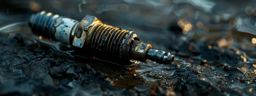 a close-up image of a worn-out spark plug covered in dark oil deposits, indicating the need for replacement.