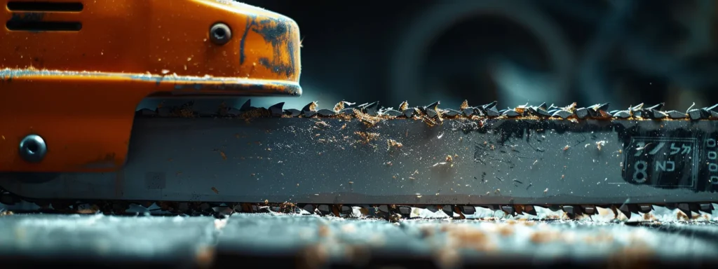 | Choosing the Perfect Replacement Chains for Your Chainsaw | 1Garden.com a close-up of a chainsaw blade with a measuring tape extended along its length to determine the correct chain size.