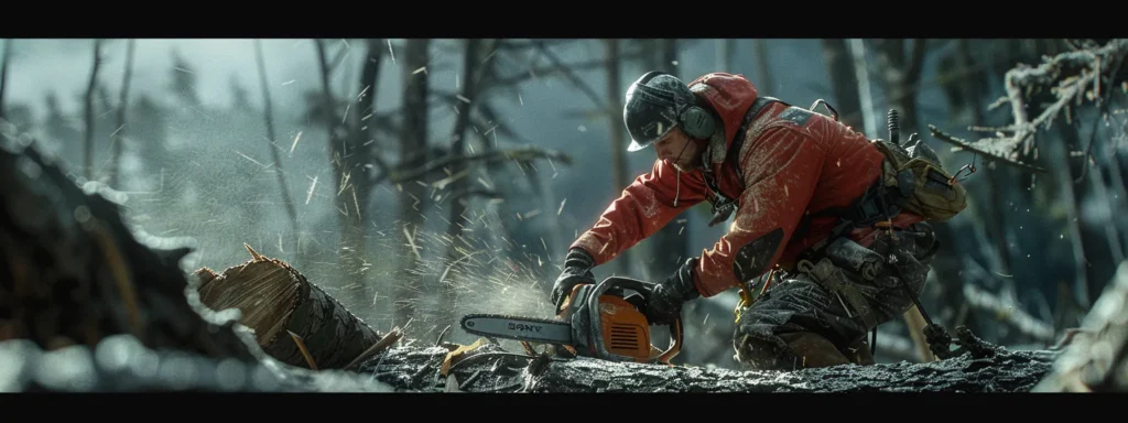 | Comprehensive Guide to Proper Chainsaw Handling and Safety | 1Garden.com a lumberjack expertly balances on uneven terrain, demonstrating perfect control while operating a chainsaw.
