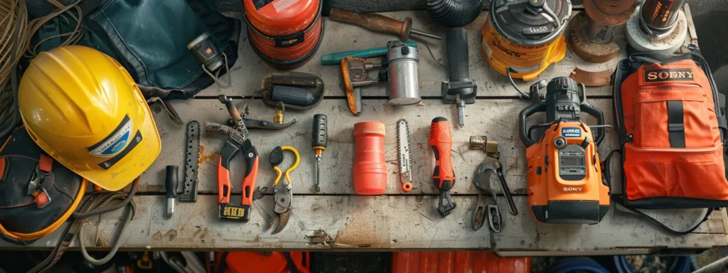 | Comprehensive Chainsaw Maintenance Guide for Enhanced Safety | 1Garden.com a close-up of a workbench with a chainsaw maintenance kit laid out, including a depth gauge, spark arrestor, compressed air canister, and various pieces of personal protective equipment.