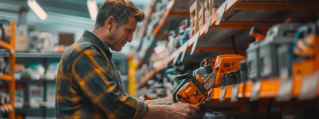 a gardener carefully selecting a chainsaw at a hardware store, comparing features and considering safety aspects, with various options displayed on shelves in the background.