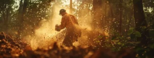 a lumberjack skillfully fells a towering tree in a dense forest, surrounded by a scattering of wood chips and sawdust.