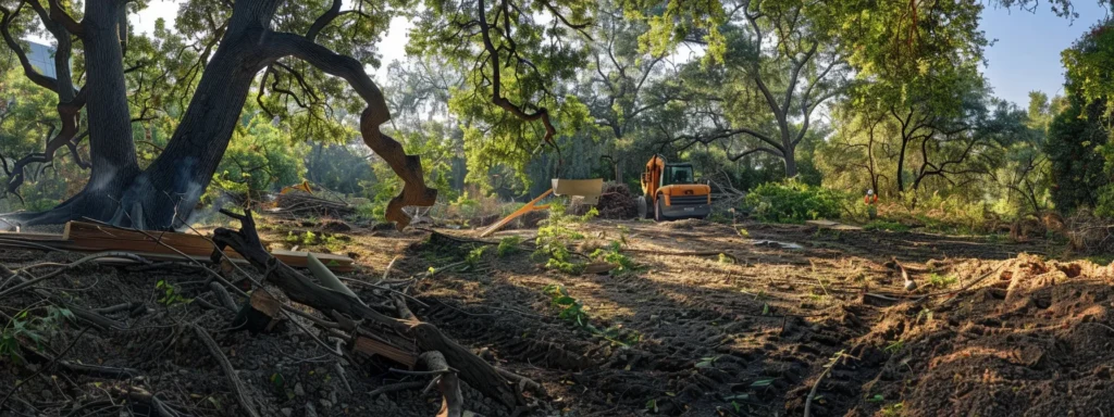 clearing the work area of brush and debris, with a sturdy oak tree in the background, ready for limb and branch removal.