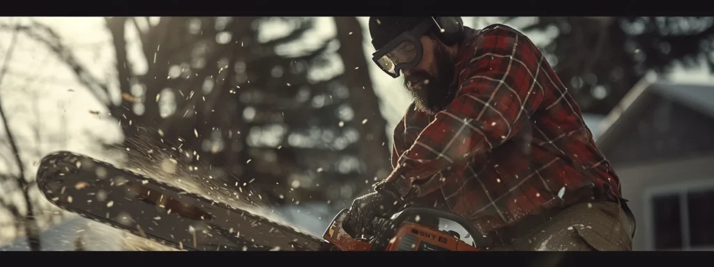 a focused lumberjack in a sturdy stance, gripping a chainsaw with concentration and precision as they make a controlled cut.