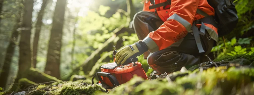 a chainsaw operator in high-visibility clothing and safety mitts, reaching for a well-stocked first aid kit in a forest setting.