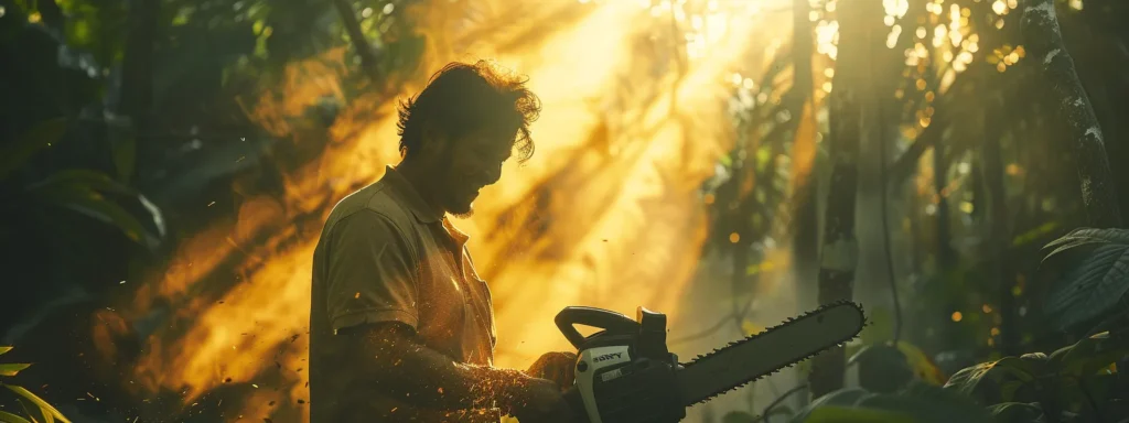 a man smiling while effortlessly cutting a tree with a sleek, powerful battery powered chainsaw.