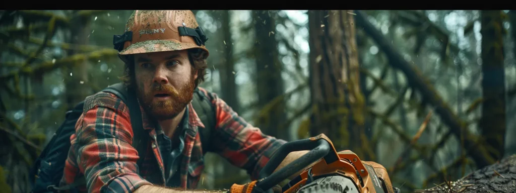 a focused lumberjack examining a well-maintained chainsaw with protective gear nearby, surrounded by a lush forest backdrop.