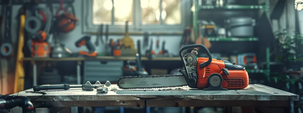 | Comprehensive Chainsaw Maintenance Guide for Enhanced Safety | 1Garden.com a chainsaw lying on a workbench, surrounded by tools and equipment for routine maintenance tasks, highlighting the importance of maintenance for safety and efficiency.