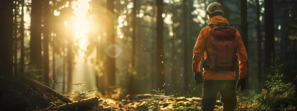 a lumberjack carefully surveying the forest floor for obstacles before making a chainsaw cut, with a clear focus on safety and precision.