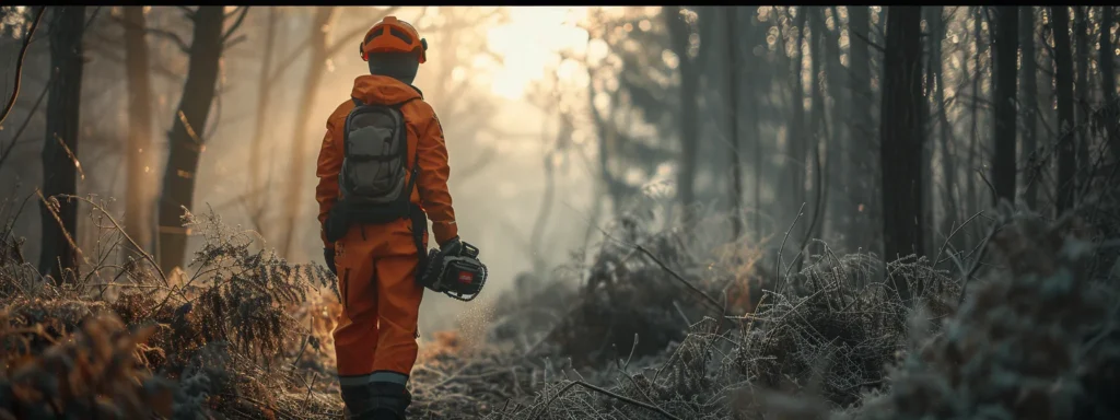 a person wearing chainsaw trousers and a helmet, equipped for safe operation in the forest.