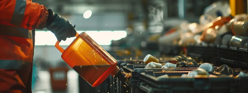 | The Essential Guide to Draining Chainsaw Fuel for Long-Term Storage | 1Garden.com a person carefully pouring drained chainsaw fuel into a labelled hazardous waste disposal container in a well-organised facility.