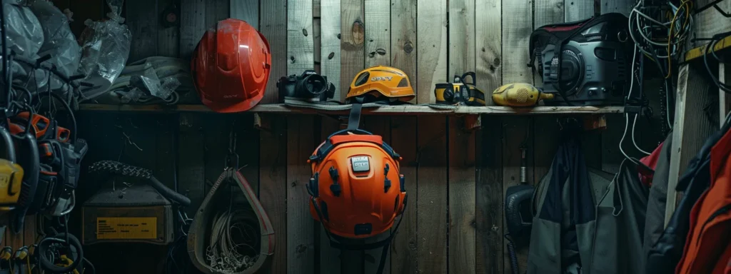 a well-worn chainsaw safety helmet hanging on a hook, surrounded by clean and neatly organised protective gear.