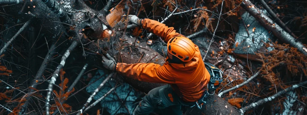 a worker carefully removing branches from a freshly cut tree trunk, surrounded by safety equipment and tools.