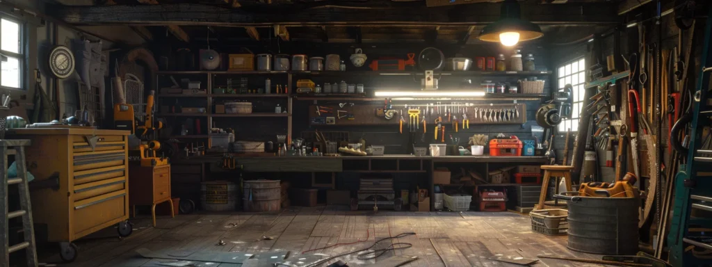 a well-lit workshop with brushes and cleaning supplies neatly arranged on a workbench, ready for chainsaw air filter maintenance.