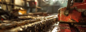 a chainsaw bar gleaming with a fresh coat of premium, translucent oil, ready for a day of heavy-duty cutting.