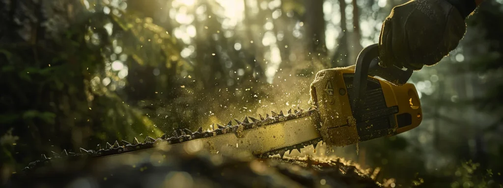 a shiny, well-maintained chainsaw bar being carefully oiled by a gloved hand, with a backdrop of tall, healthy trees in a lush forest setting.