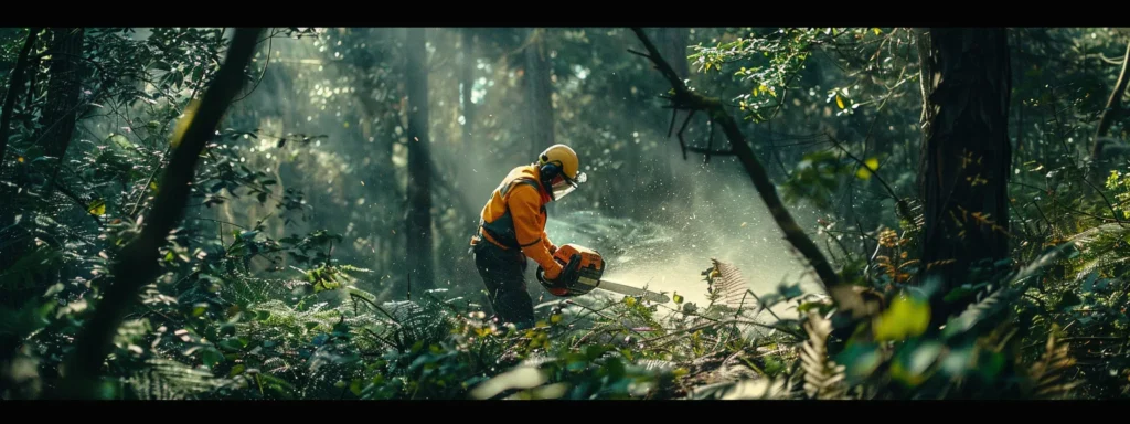 a person wearing protective gear and operating a chainsaw with precision and caution in a dense forest setting.