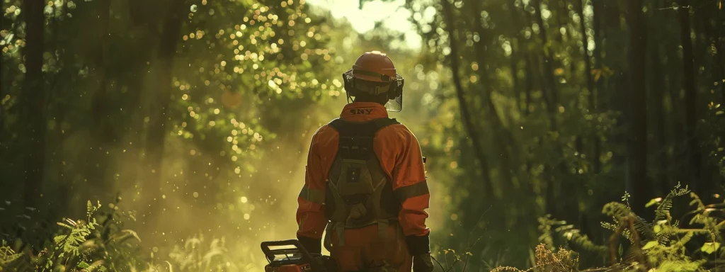 a person in full safety gear carefully operating a chainsaw in a wooded area.