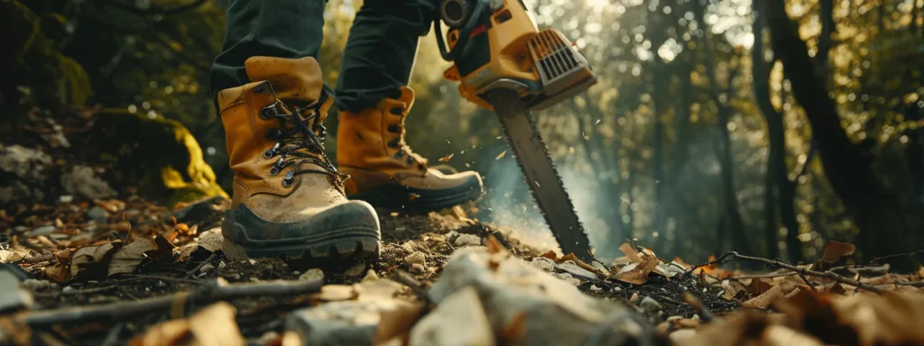 a person wearing steel-toed boots and earmuffs, holding a chainsaw in a forest setting, highlighting the importance of chainsaw safety gear.