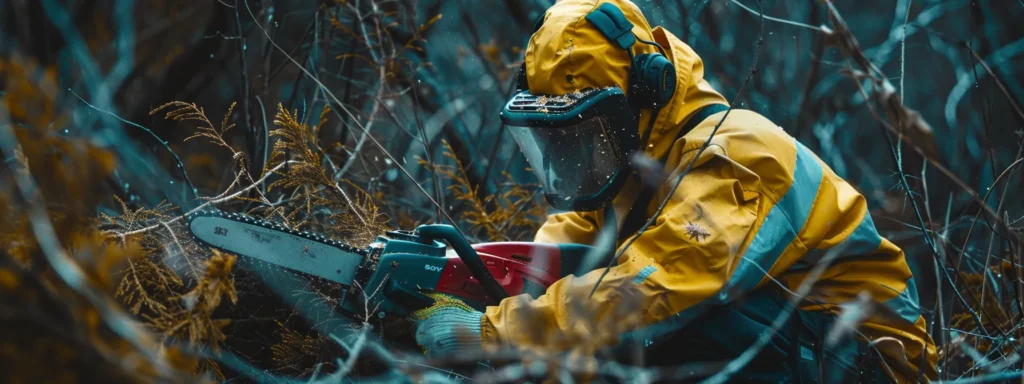 a person wearing protective gear, including gloves, goggles, and chaps, checking a chainsaw before use in a wooded area.