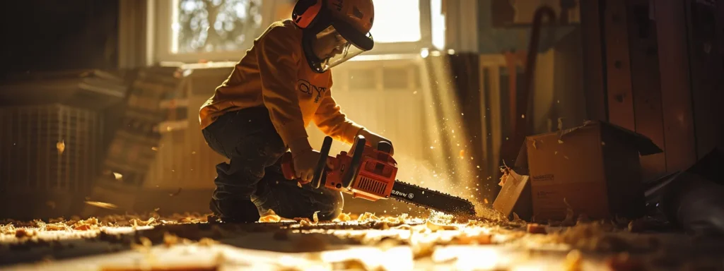 | Choosing the Perfect Chainsaw Size for Your Project Needs | 1Garden.com a beginner cautiously holding a small, lightweight chainsaw, with a shorter bar for enhanced control and safety.