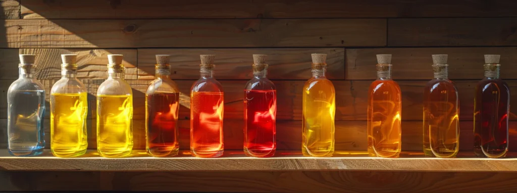 a row of colourful containers labelled 'petroleum-based', 'vegetable-based', 'synthetic', 'winter grade', 'summer grade', and 'speciality' bar oils displayed on a wooden shelf.