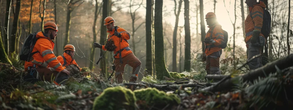 a group of chainsaw users in safety gear receiving hands-on training in a forest clearing, emphasising the importance of continuous improvement in safe handling techniques.