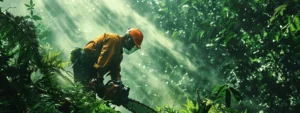 a lumberjack expertly wielding a powerful chainsaw amidst a dense, green forest.