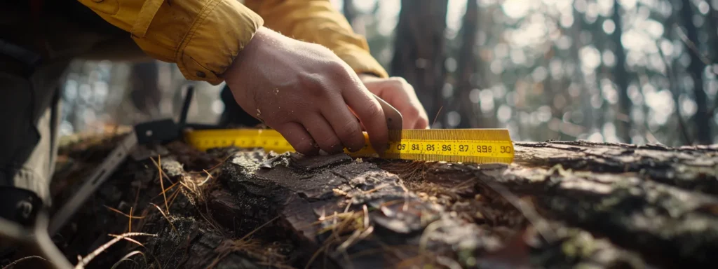 | Choosing the Perfect Chainsaw Size for Your Project Needs | 1Garden.com a person carefully measuring the diameter of a large tree trunk with a tape measure to determine the appropriate chainsaw size needed for the job.