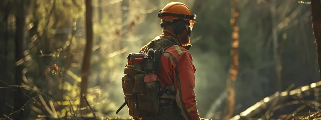 a lumberjack wearing chainsaw protective trousers, chaps, jacket, and cut-resistant gloves, ready to tackle the hazards with confidence.