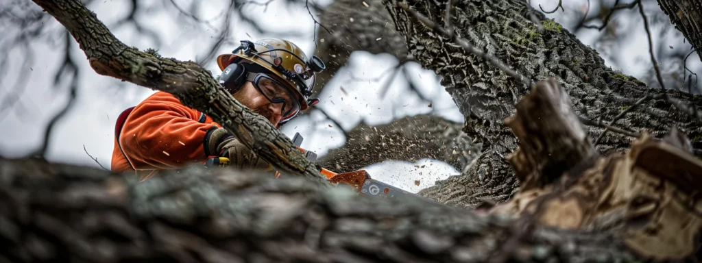 a lumberjack in thick, protective gear confidently operates an anti-kickback chainsaw while cutting through a large oak tree.