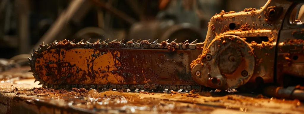 a rusted chainsaw being carefully cleaned and restored to its former glory with rust removal and protective measures in place.