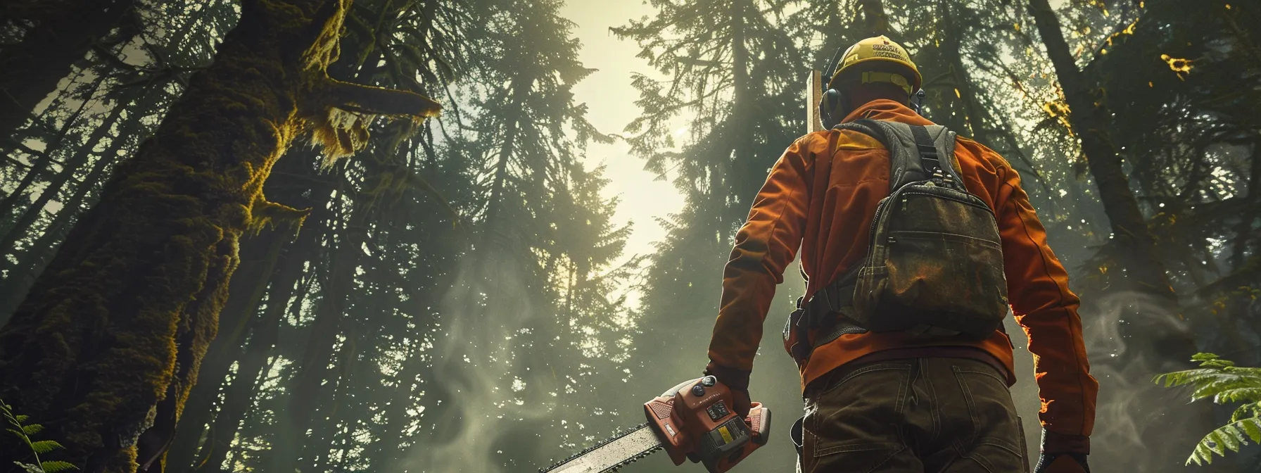 a lumberjack holding a shiny, new chainsaw bar against a backdrop of tall trees in a lush forest.